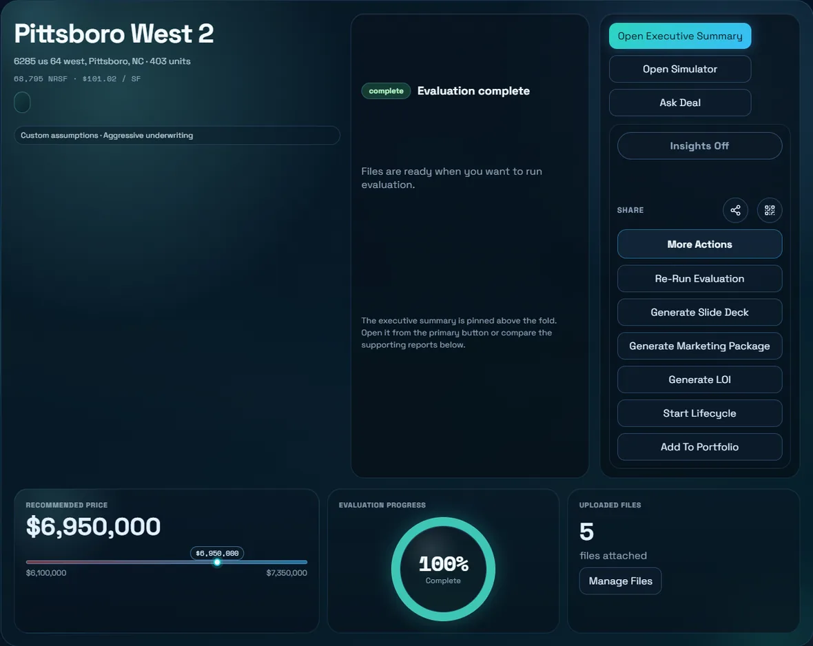 Atlas Deal Room deal overview with executive summary, simulator, share, slide deck, marketing package, LOI, lifecycle, and portfolio actions.