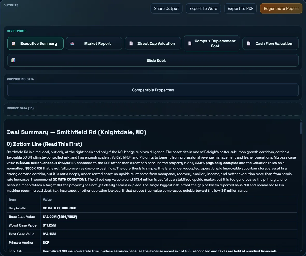 Outputs area with executive summary, market report, valuation reports, slide deck, export, share, and regenerate actions.