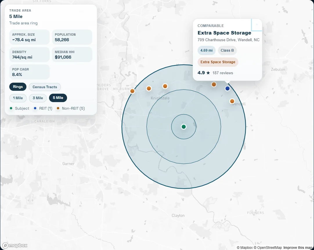 Trade-area map with one, three, and five mile rings plus competitor and demographic callouts.